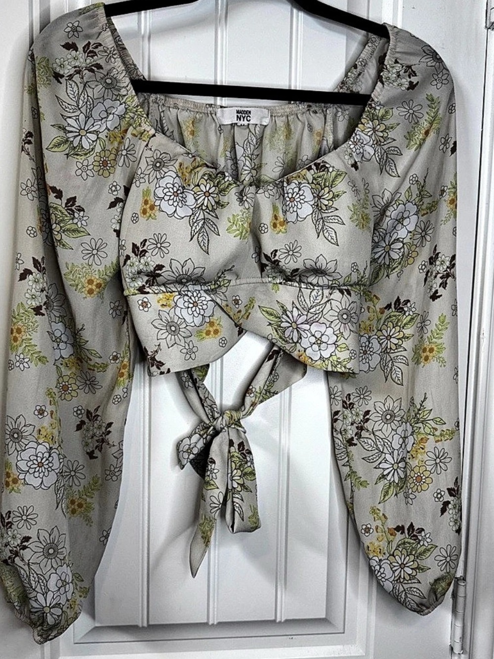 MADDEN NYC Floral Tie-Front Blouse Gray & Yellow boho festival